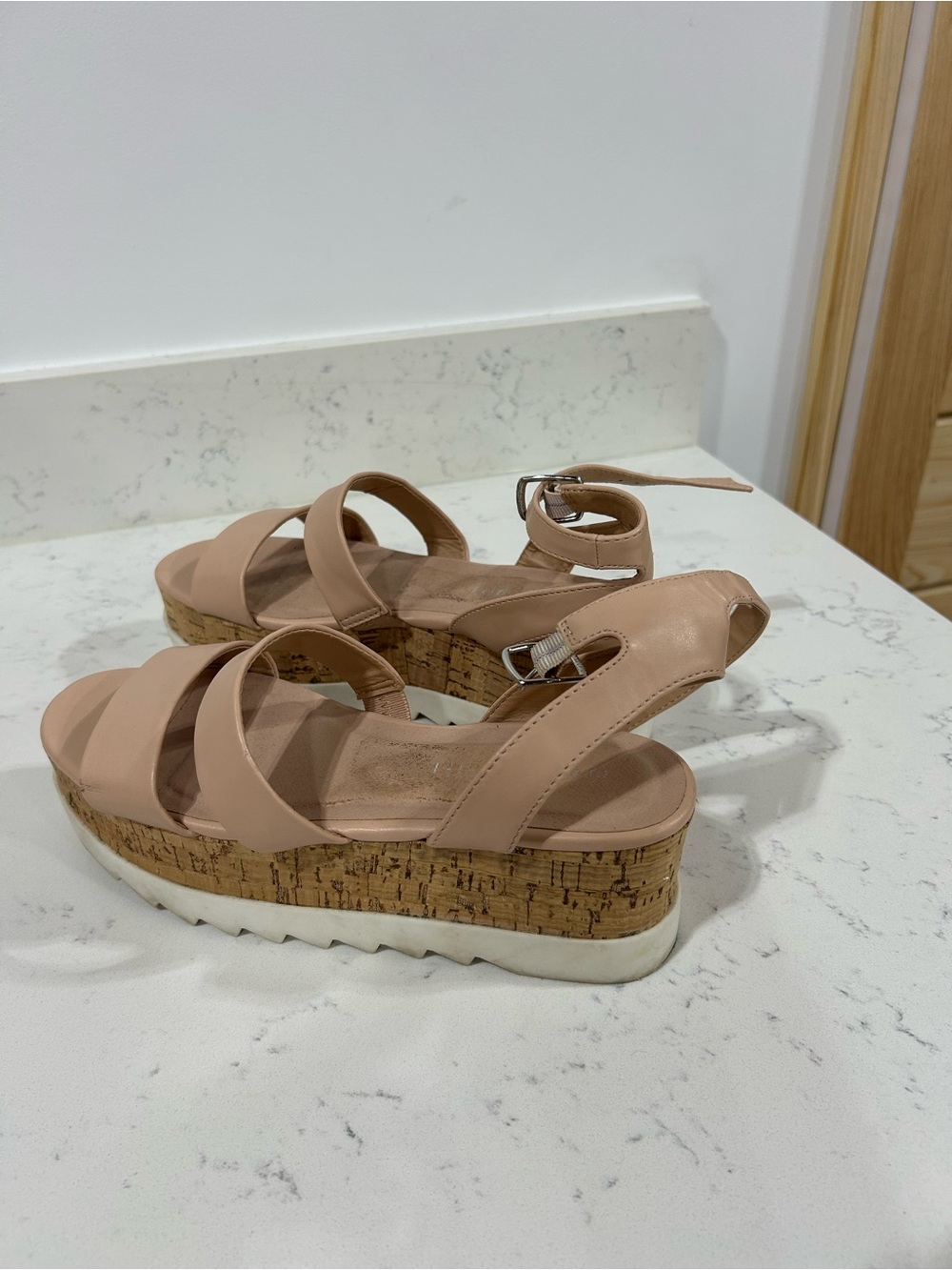 Madden Girl Nude Pink Cork Platform Wedge Sandals with Ankle Buckle